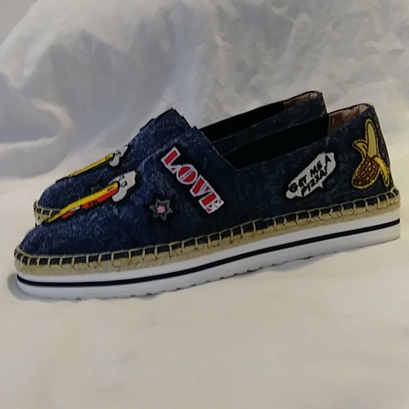 Denim Slip On Espadrille "LOVE" "GET ME A PIZZA" - Picture 4 of 11